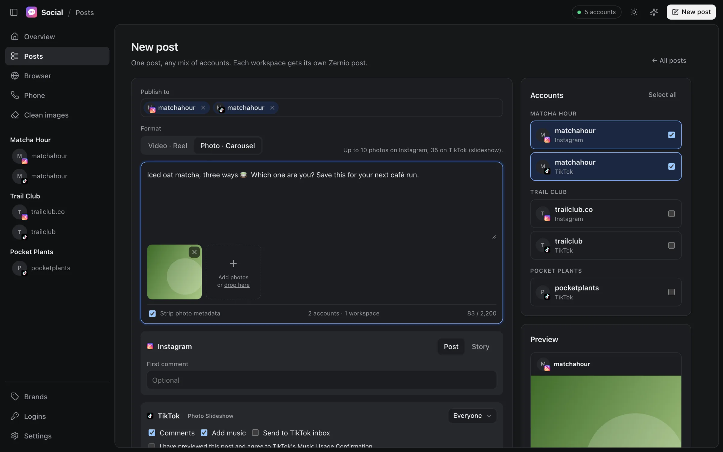 New post screen with a caption, a photo, and two Matcha Hour accounts selected for Instagram and TikTok.