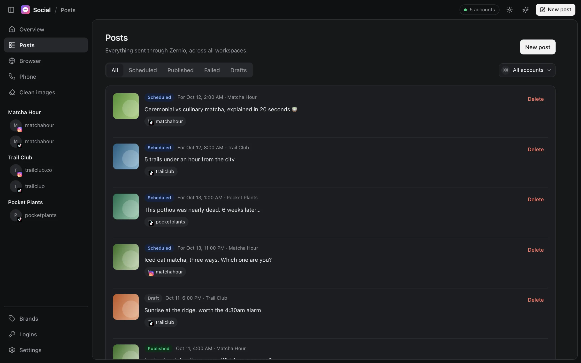 Posts screen listing scheduled, draft and published posts for three brands.